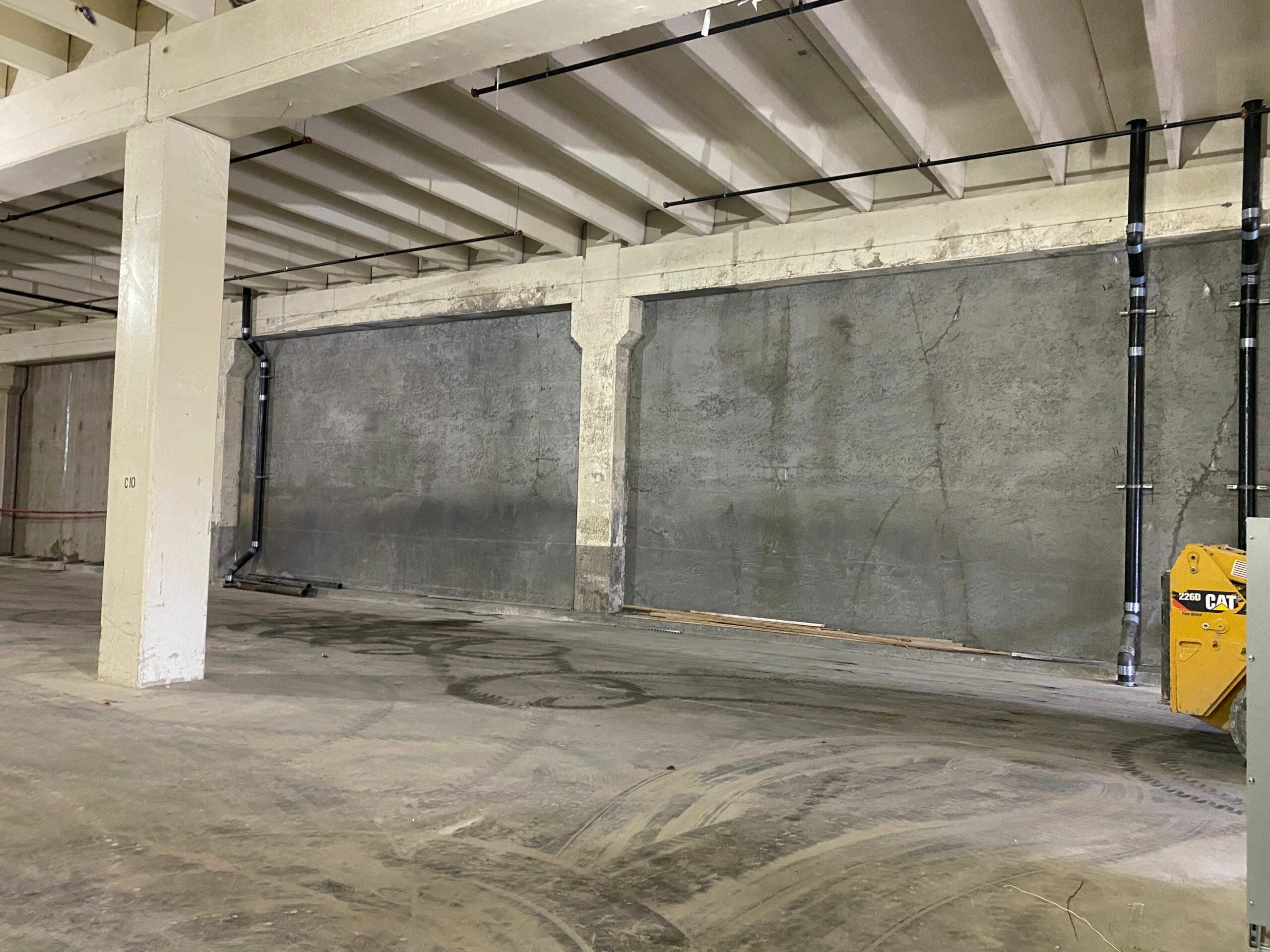 wall of shotcrete placed in warehouse